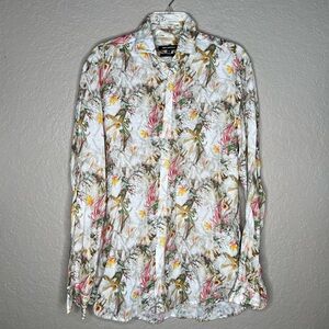 Ted Lapidus Linen White Tropical Print Button-Up Shirt Sz L Vacation Summer